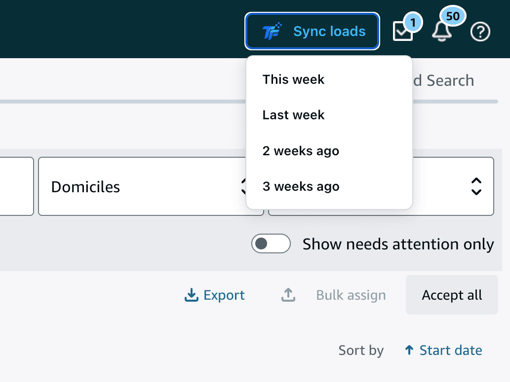 Relay TMS Sync's Sync loads button on the Relay Trips page, with its week menu open
