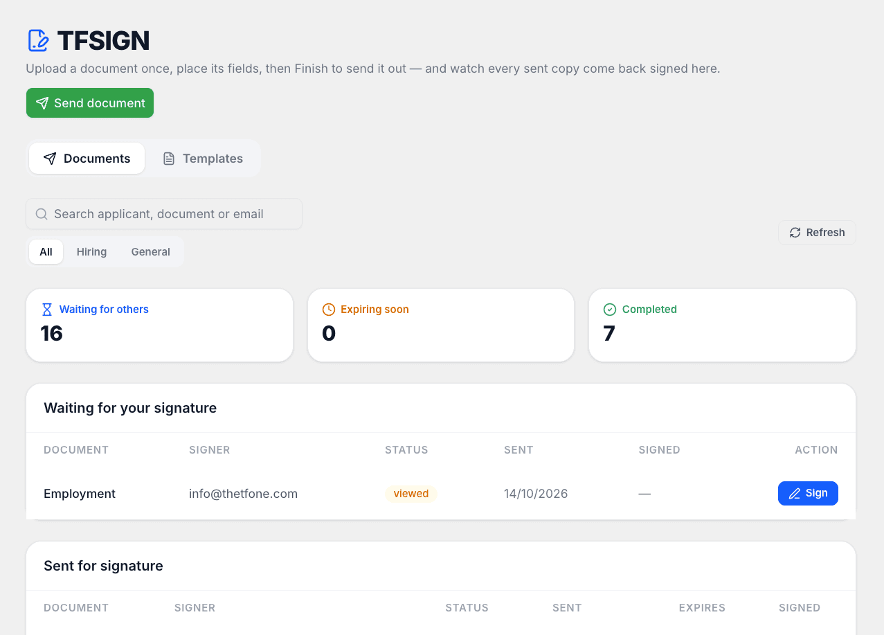 TFSign dashboard with documents waiting for signature